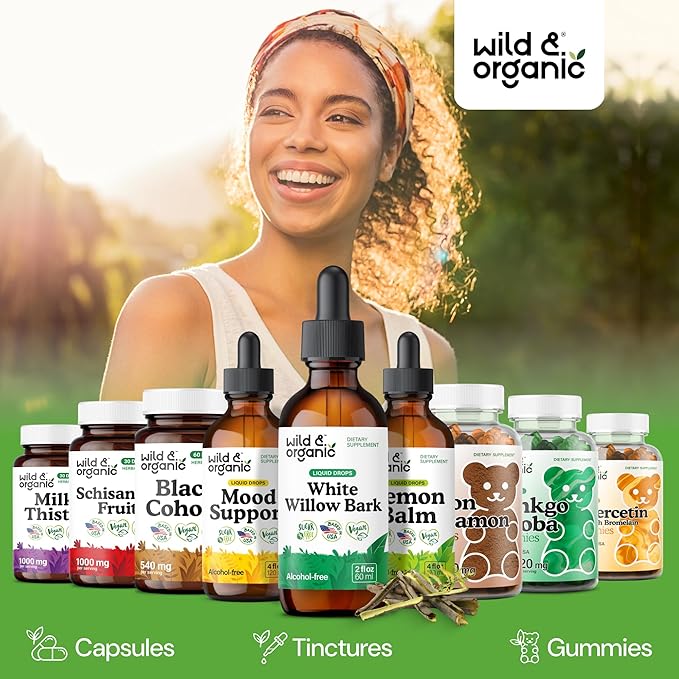 Wild &amp Organic White Willow Bark Extract Liquid Drops - Overall Well-Being Supplement - 500 mg White Willow Bark Herb Tincture - No Alcohol &amp Sugar Non-GMO - 2 fl oz