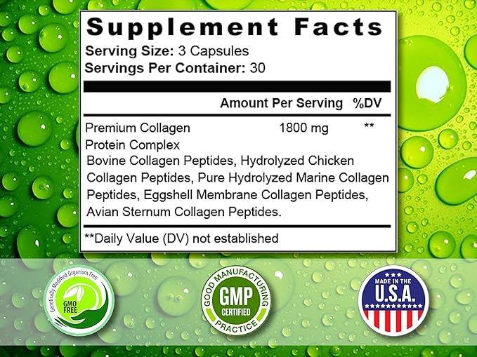 Collagen Peptide Pill - Types I II III V X - Anti-Aging - Premium Collagen Supplements &amp Collagen Pills - Hydrolyzed Protein Pills for Women &amp Men 1800 mg for Youthful Skin