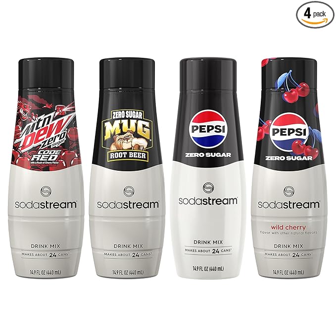 SodaStream Pepsi Wild Cherry MTN Dew Code Red Pepsi &amp Mug Root Variety Pack Zero Sugar 440ml Pack of 4