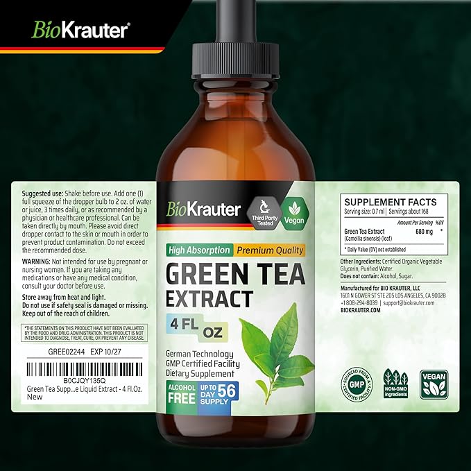 BIO KRAUTER® Green Tea Extract - Liquid Pure Vegan Green Tea Supplement 680 mg per Serving 4 Fl.Oz 56-Day Supply - Natural Antioxidant &amp Immune Support Used for Daily Wellness - Alcohol &amp Sug