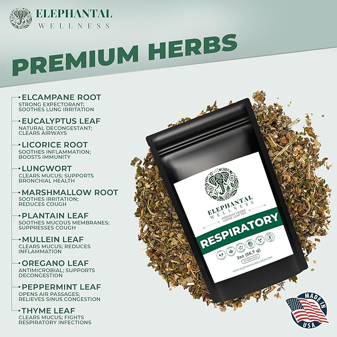 Elephantal Wellness Premium Respiratory Herbal Tea | Lung Detox Mucus Cleanse &amp Breathing Support with Mullein Eucalyptus Thyme &amp Lungwort | Handmade Caffeine-Free Non-GMO Loose Leaf Blen