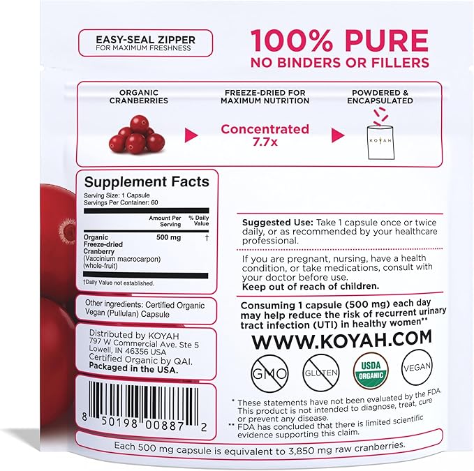 KOYAH - Organic Cranberry Capsules – 500 mg Freeze-Dried Whole-Berry Vegan Non-GMO Supports Urinary Tract &amp Antioxidant Health 60 Capsules