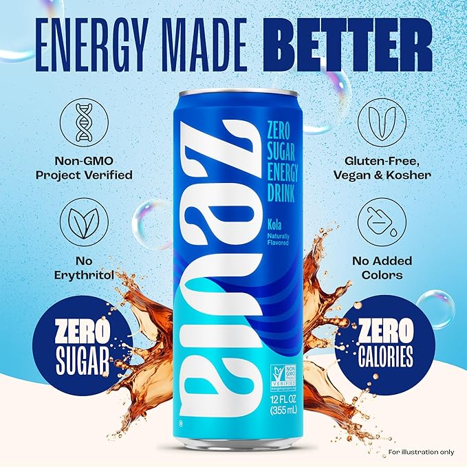 Zevia Zero Sugar Energy Drink Kola 12 oz Cans (12-Pack) – Naturally Sweetened Non-GMO Project Verified Gluten-Free Vegan