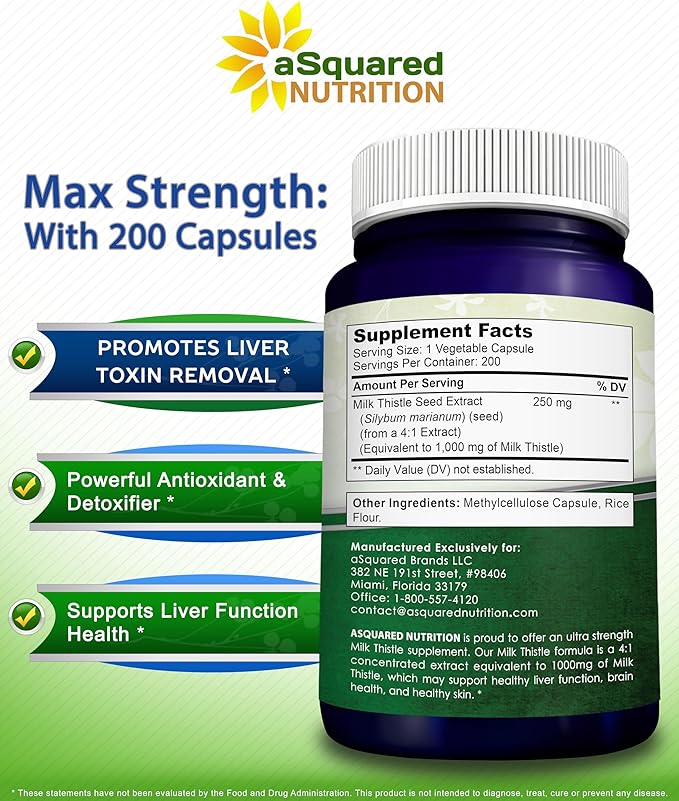 aSquared Nutrition Milk Thistle Supplement 1000mg-200 CapsulesMax Strength 4X Concentrated Extract 4:1 Milk Thistle Seed Powder Herb Pills 1000 mg Silymarin Extract for Liver Support Cleanse Detox