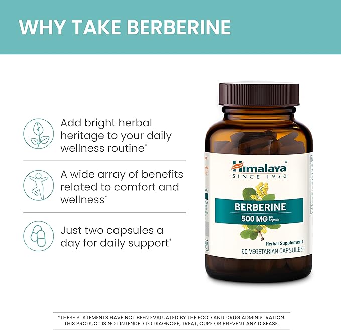 Himalaya Berberine - Herbal Supplement for Supporting Normal Metabolism Immune and Digestive Health - Vegan Gluten Free 500 mg 60 Vegetarian Capsules