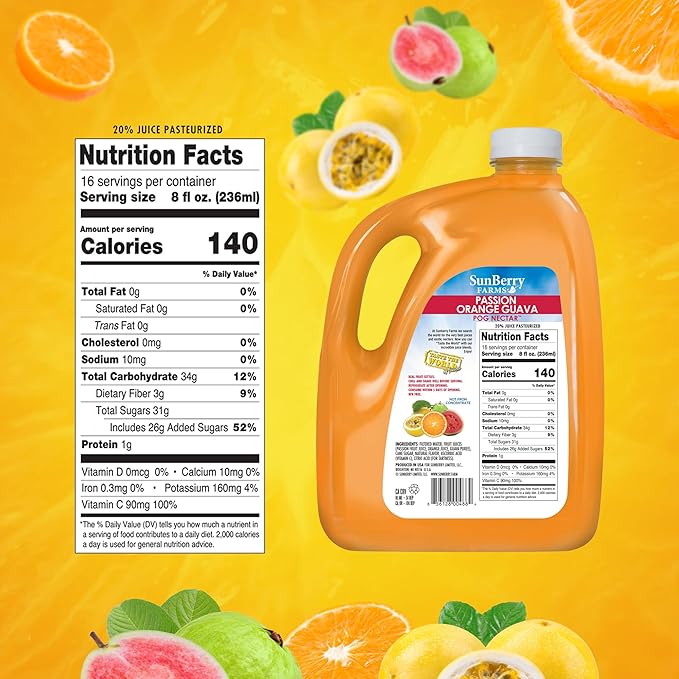 Sunberry Farms POG 128oz – Passion Orange Guava Tropical Juice Real Fruit Nectar No Artificial Flavors or Colors Family-Size 1 Gallon Bottle