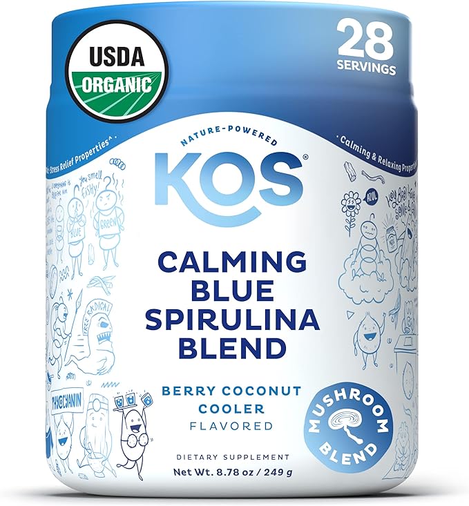 KOS Calming Blue Spirulina Blend- USDA Certified Organic - Algae Superfood Powder with Ashwagandha Root Lemon Balm Reishi Mushroom B Vitamins - Berry Coconut Cooler Flavor 28 Servings