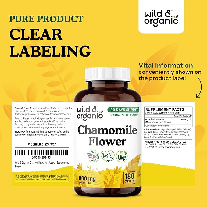 Wild &amp Organic Chamomile Extract Capsules 800 mg - Relaxation &amp Digestive Support - Chamomile Powder Supplement - Matricaria Recutita Herb - Vegan No Fillers Non-GMO - 180 Count