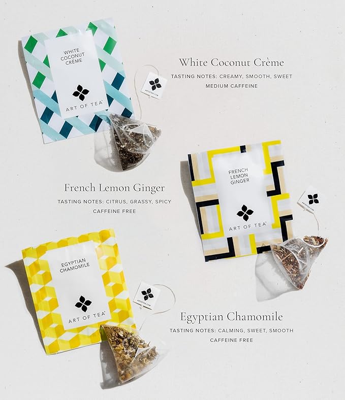 Art of Tea | Assorted Tea Sampler | 12 Count Sampler Box | Breakfast Tea Earl Grey Creme Egyptian Chamomile (Non-Caffeinated) French Lemon Ginger (Non-Caffeinated) Green Pomegranate Mint Green T