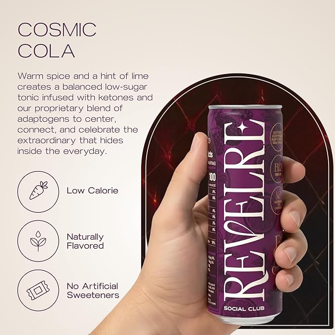 Revelre Functional Social Tonic with Ketones and Adaptogens - Mindful Blend for Focus and Calm - Ketones Magnesium B12 Reishi &amp Cordyceps Mushrooms - Non Alcoholic - Cosmic Cola 12 oz (12 Pac