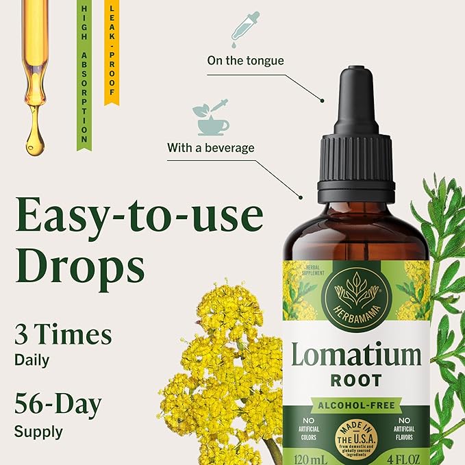 HERBAMAMA Lomatium Root Tincture - Vegan Lomatium Dissectum Extract for Lung Cleanse &amp Detox - Non-GMO Alcohol &amp Sugar-Free Respiratory Lung Support Supplement 56-Day Supply