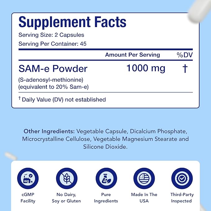 Extra Strength SAM-e Supplement | Same S-Adenosyl-L-Methionine 1000mg per Serving for Bone and Mood Support Supplement | Made in The USA Non-GMO and Gluten Free (45 Day Supply) (Single)