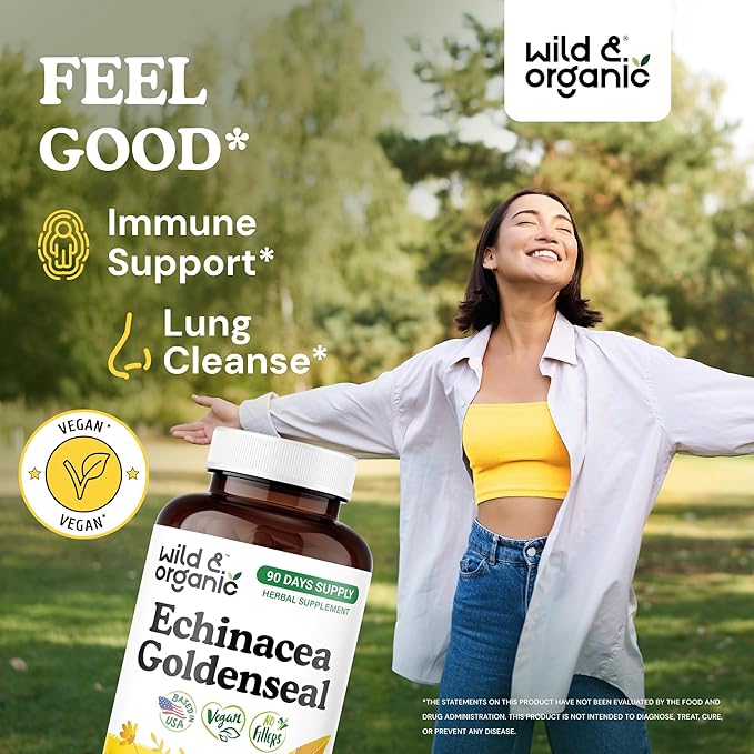Wild &amp Organic Echinacea Goldenseal Capsules - Immune &amp Lung Support - Echinacea Extract Supplement - Hydrastis Canadensis &amp Purpurea - Vegan No Fillers Non-GMO - 180 Count