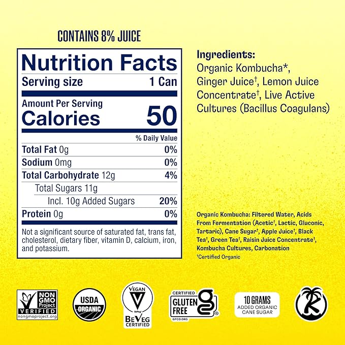 Health-Ade Ginger-Lemon Kombucha Organic Drink 12-Pack (11.5 Fl Oz Cans) - Fermented Tea with Probiotics Detoxifying Acids Supports Gut Health - Non-GMO Vegan Gluten-Free