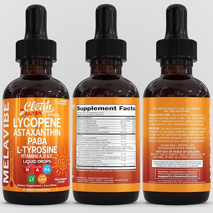 MelaVibe Astaxanthin Internal Tanning Liquid Drops Lycopene PABA L-Tyrosine Grape Seed Extract Vitamin a c d Drops VIT E AMLA Flax Seed Omega 3 Copper Peach Mango Flavor By Clean Nutra