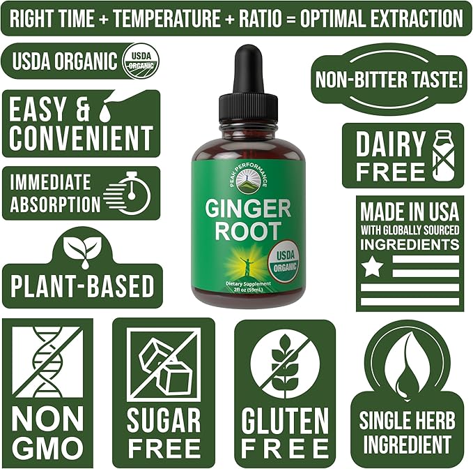 USDA Organic Ginger Root Extract Liquid Drops. Zero Sugar Non Bitter Vegan Ginger Oil Supplement for Immune Digestive + Gut Support. High Bioavailability Gluten Free for Women and Men. Take Orally