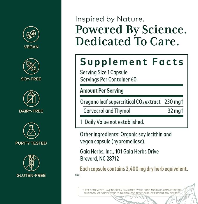GAIA HERBS PRO Oil of Oregano - Immune Support Supplement - Carvacrol &amp Thymol for Antioxidant Support - Gut Health &amp Wellness Formula* - 60 Vegan Capsules (60 Servings)