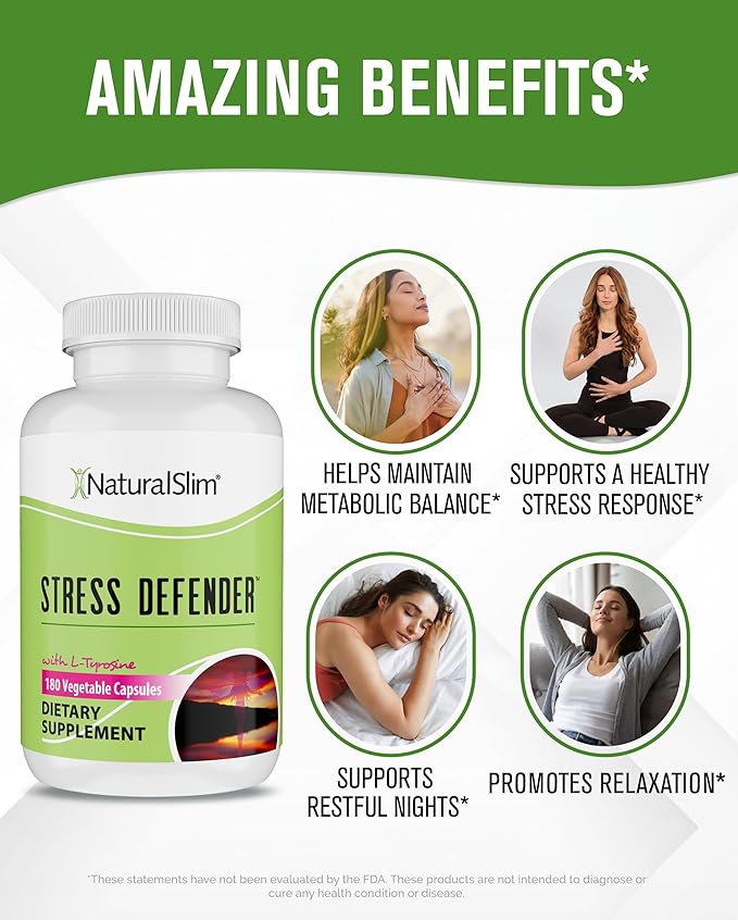NaturalSlim Stress Relief Supplement - Stress Defender High Cortisol Reducer Control Cravings Sleep &amp Metabolism Support with Vitamin B5 Pantothenic Acid &amp L Tyrosine 180 Vegetable Capsules
