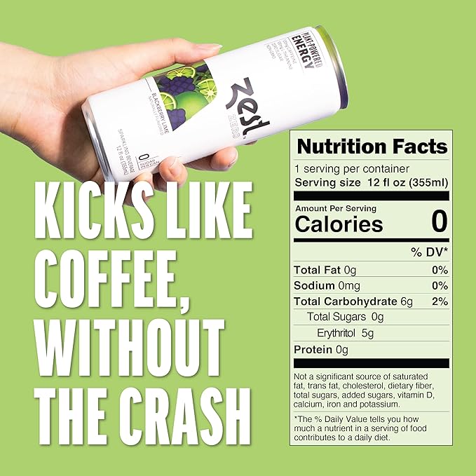 Zest Clean Energy Drink – Blackberry Lime – Zero Sugar 0 Calories – 120mg Caffeine + 100mg L-Theanine for Focus Energy &amp Concentration – Healthy Zero Sugar Energy Drink – 12oz Can 12 Pack