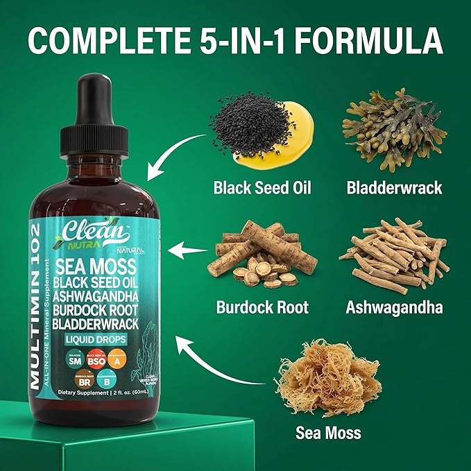 Clean Nutraceuticals Sea Moss Drops Supplement Liquid with Black Seed Oil Ashwagandha Burdock Root &amp Bladderwrack - Multimineral Organic Non-GMO Vegan for Gut Heath Skin Immune Support Hair (2 Pac