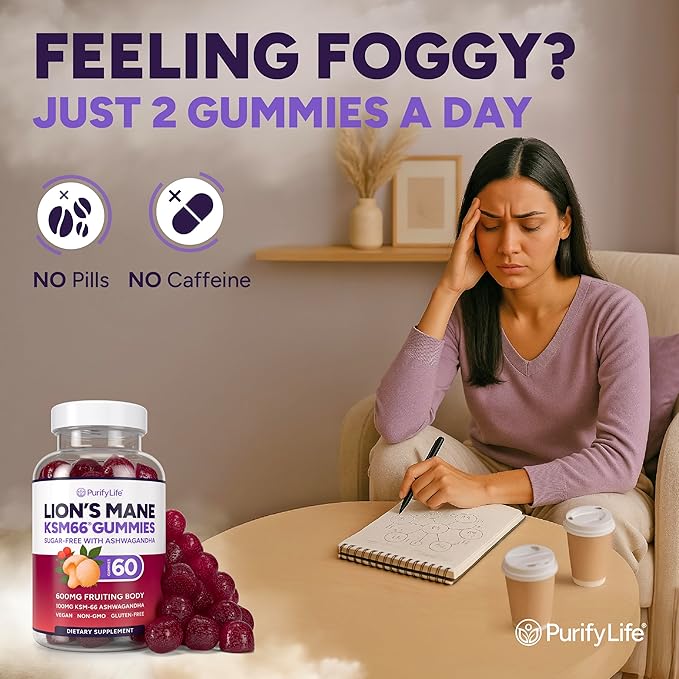 Sugar Free Lions Mane Supplement Gummies with KSM-66 Ashwagandha - Nootropic Supplement for Cognition Brain Fog Mental Clarity Focus &amp Stress Support - Natural Berry Flavor Vegan Made in USA