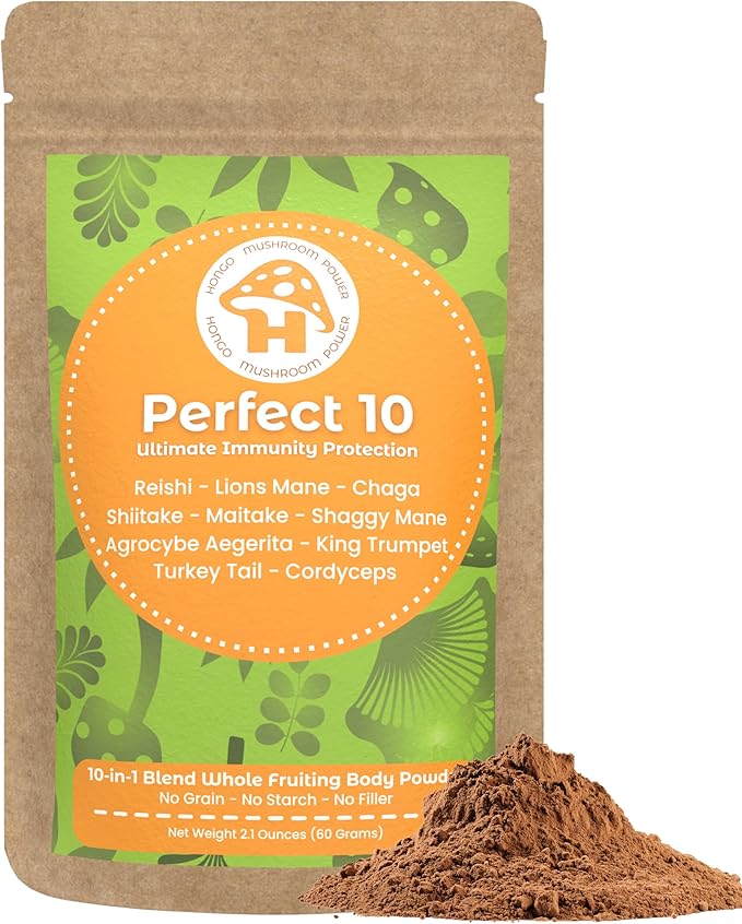 Hongo Mushroom Power - Perfect 10 Mushroom Complex Powder - Lions Mane Reishi Cordyceps Chaga Turkey Tail Maitake Supplements - for Immunity Energy Memory &amp Focus - (60 Servings)