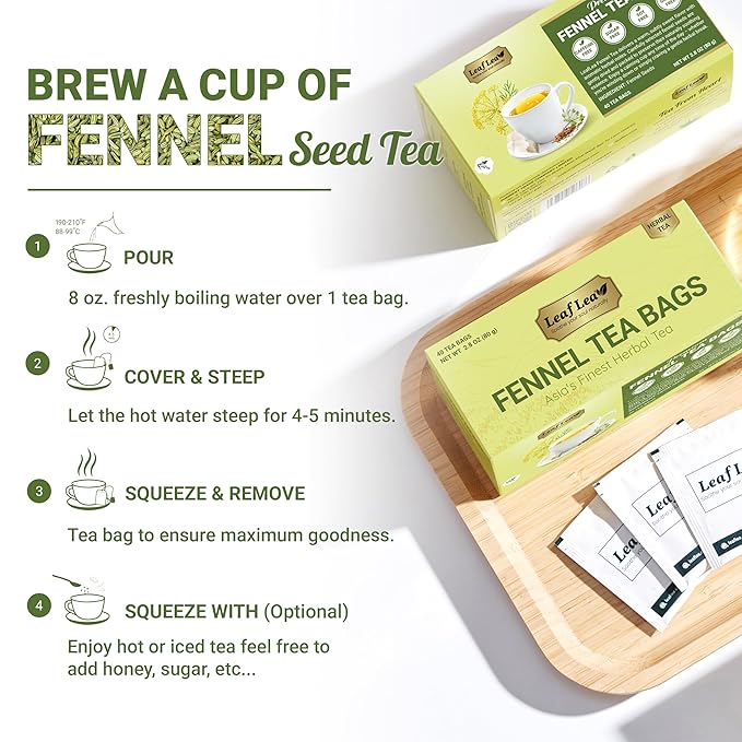 LeafLea 80 Premium Fennel Tea Bags Pure Dried Fennel Seed Tea Daily Ease &amp Balance Naturally Sweet Taste Caffeine-Free Sugar-Free Non-GMO Vegan Individually Wrapped