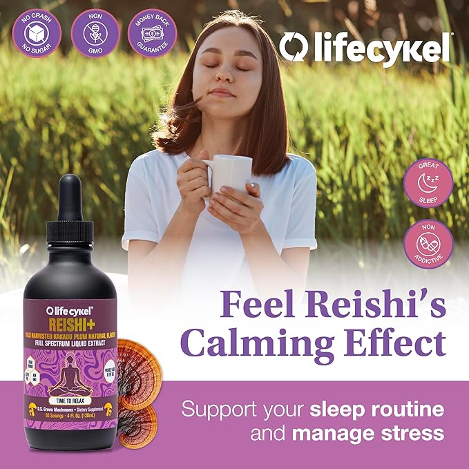 Life Cykel - Reishi Mushroom Extract w/Kakadu Plum- Adaptogen for Sleep Help Relaxation &amp Cellular Support- 100% Organic Mushrooms Antioxidants Vitamin C 2oz (Packaging May Vary)