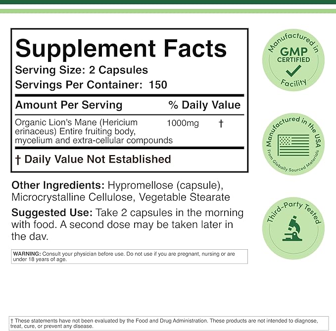 Organic Lions Mane Mushroom Capsules (300 Count) for Focus Support and Immune Health Third Party Tested and Grown in The USA - by Double Wood