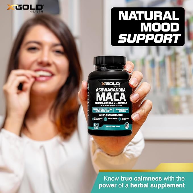 Ashwagandha 5000mg + Maca Root Black Red Yellow 4000mg Rhodiola &amp L-Theanine: 30:1 Extract Ashwagandha Capsules 20:1 Extract Maca Root Capsules - Supplement for Men and Women