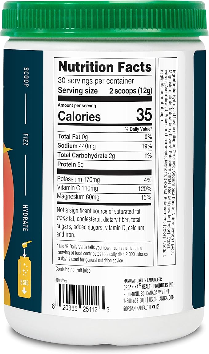 Organikа Electrolytes with Enhanced Collagen Powder for Women &amp Men - 13 oz - Zesty Lemon Berry-Flavored Effervescent Electrolyte &amp Collagen Drink Mix - Deep Hydration Mobility Skin Hair &