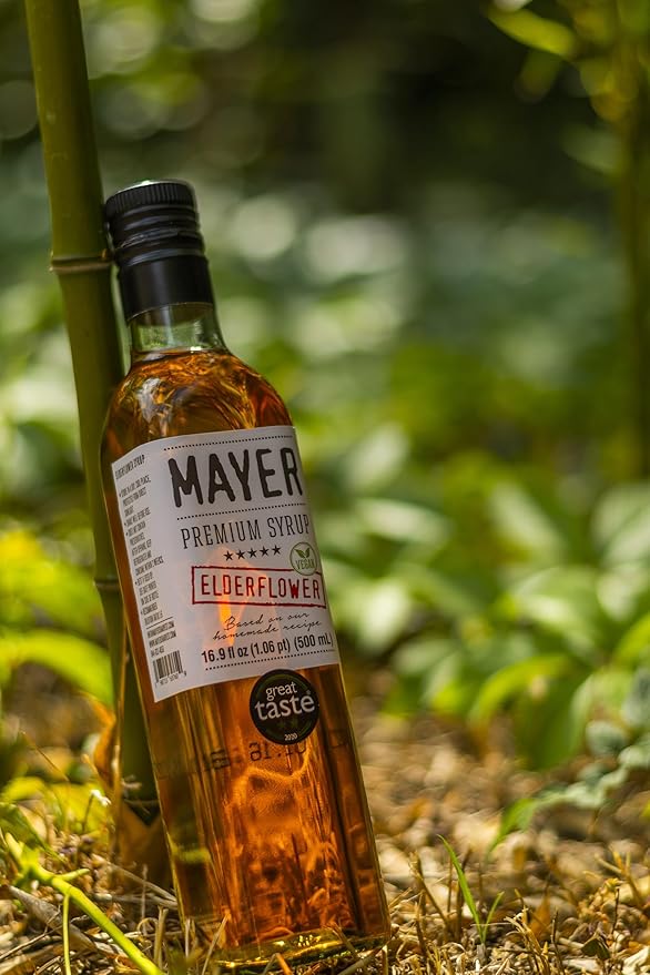 Mayer Elderflower Syrup ( Cordial ) Award - Winning Only Real Elderflowers and 3 Natural Ingredients Vegan Gluten Free Perfect for Cocktails Lemonades Coffee Desserts - No Artificial Additives