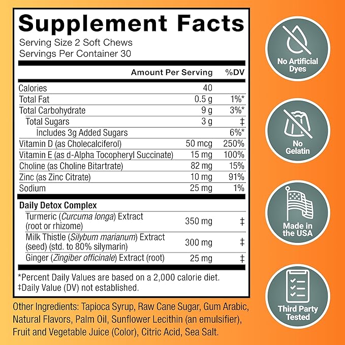 Force Factor Liver Detox + Cleanse Liver Supplement for Detox and Repair Milk Thistle Turmeric &amp Ginger Supports Liver Health Digestion &amp Immune Function Citrus Punch 60 Soft Chews