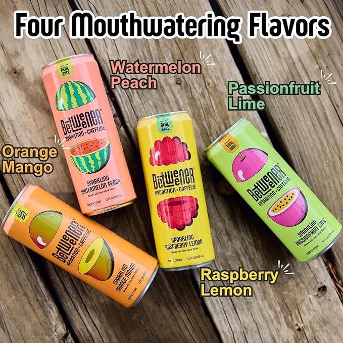 Betweener Sparkling Energy Seltzer Sparkling Water w/Real Juice &amp 100mg Caffeine Light &amp Refreshing L-Theanine for Focus Vitamins B+C - Low Sugar - 45 Cals - Passionfruit Lime (12 Pack)