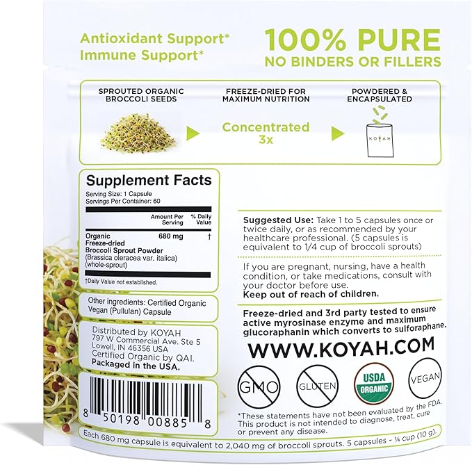 KOYAH - Organic Broccoli Sprout Capsules – Freeze-Dried Whole Broccoli Sprouts – 3rd Party Tested for Active Myrosinase &amp Glucoraphanin (Sulforaphane Glucosinolate) - 60 Capsules