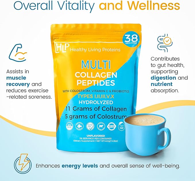 HLP Collagen Supplement for Better Absorption &amp Immune Support- Multi Collagen Peptides Powder with Colostrum- Improve Strength Wellness &amp Vitality with Multi Collagen Protein- Unflavored- 38