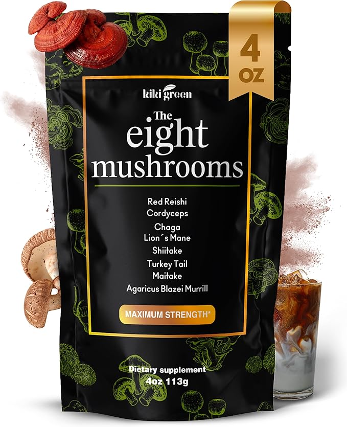 KIKI Green 8 Mushrooms Powder Extract - 4 oz Adaptogenic Complex for Coffee and Smoothies - Lion's Mane Chaga Reishi Cordyceps Maitake Shiitake - Focus and Energy