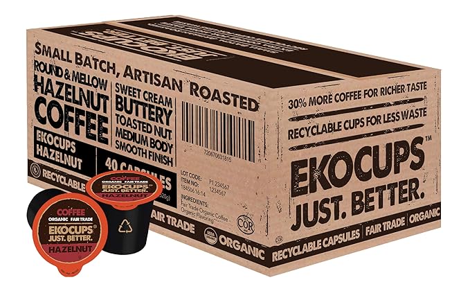 EKOCUPS Organic Hazelnut Flavored Coffee Pods - Extra 30% More per Cup Artisan Fair Trade Medium Roast for Keurig K Cup Machines Recyclable Pods 40 Count