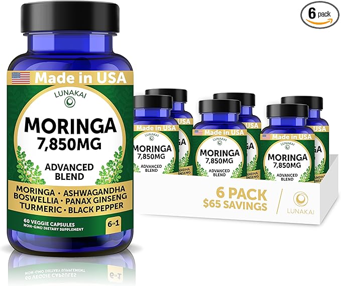 Lunakai USA Made Pure Moringa Capsules – Moringa Leaf Extract Supplement with Ashwagandha Boswellia Ginseng &amp Turmeric - 6 Pack