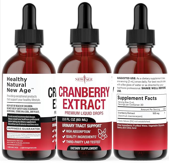 NEW AGE Cranberry Concentrate Liquid Drops – Cranberry Drops (Vaccinium macrocarpon) Extract – Urinary Tract &amp Bladder Support Antioxidant Protection – Vegan Alcohol-Free Sugar-Free – 4 fl oz
