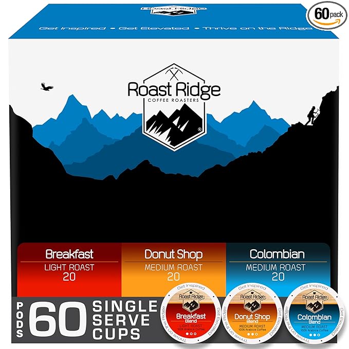 Roast Ridge Single Serve Coffee Pods for Keurig K-Cup Brewers Variety Pack Medium/Light Roast 60 Count (20 each: Breakfast Blend Donut Shop Colombian)