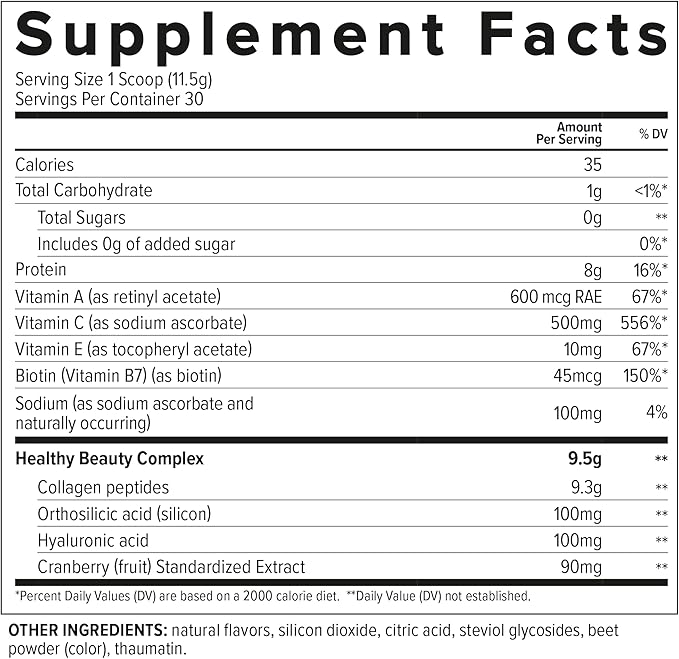 Essential Nutrition Collagen Skin - Hydrolyzed Collagen Peptides with Hyaluronic Acid Silicon &amp Biotin - Hair Skin &amp Nails - Cranberry - 11.9 oz (30 Servings)