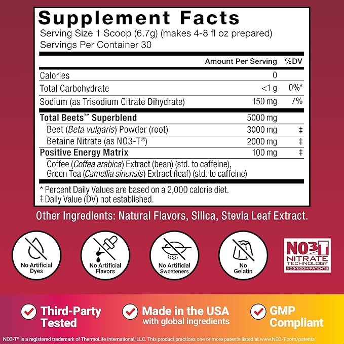 Total Beets Energy Drink Mix 2-Pack Superfood Beet Root Powder Nitrates to Boost Energy Support Circulation Blood Flow Nitric Oxide and Stamina Heart Health Supplement Force Factor 60 Servings