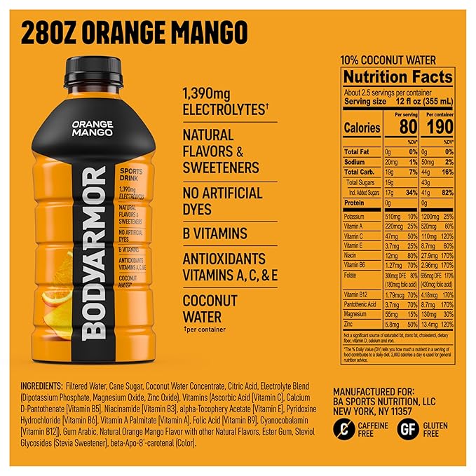 BODYARMOR Sports Drink Orange Mango Electrolyte Drink Hydration 28 Fl Oz Bottles (15 Pack) Flavored Coconut Water with B Vitamins &amp Antioxidants