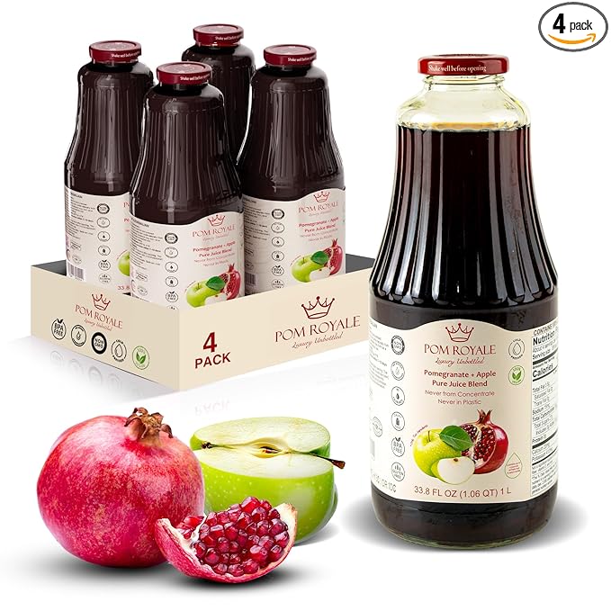 Pure Pomegranate &amp Apple Juice 33.8oz Glass Bottle (Pack of 4) Cold Pressed Juice Not from Concentrate Non-GMO No Sugar Added Gluten Free Kosher Certified Preservative Free