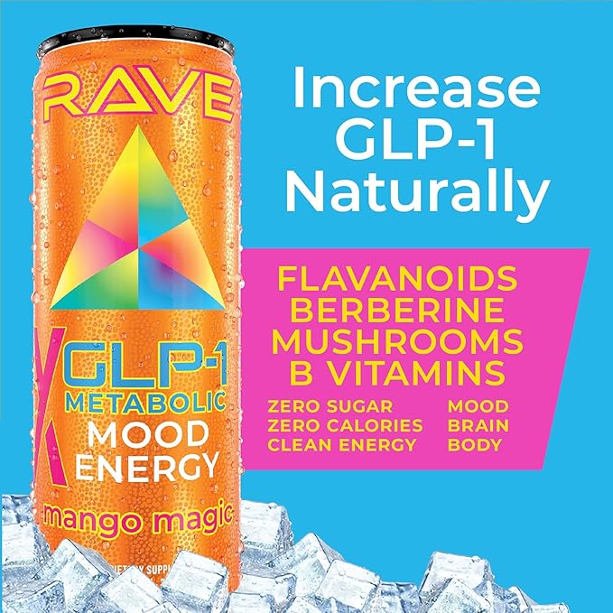 RAVE GLP-1 Metabolic Energy Drink Boosts GLP-1 Naturally. Suppress Appetite – Curb Cravings – Balance Blood Sugar &amp More. With Lemon Flavonoids Berberine Functional Mushrooms Nootropics &amp B