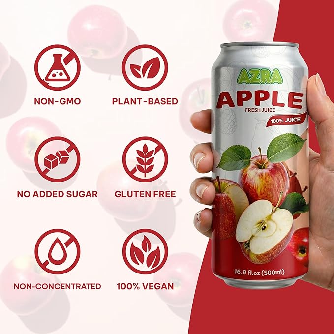 AZRA 100% Apple Juice – Fresh Organic Fruit Taste in 500ml Cans – Zero Sugar Drinks Healthy Beverages Variety Pack for Kids and Adults – Bulk 100% Juice 12 Pack