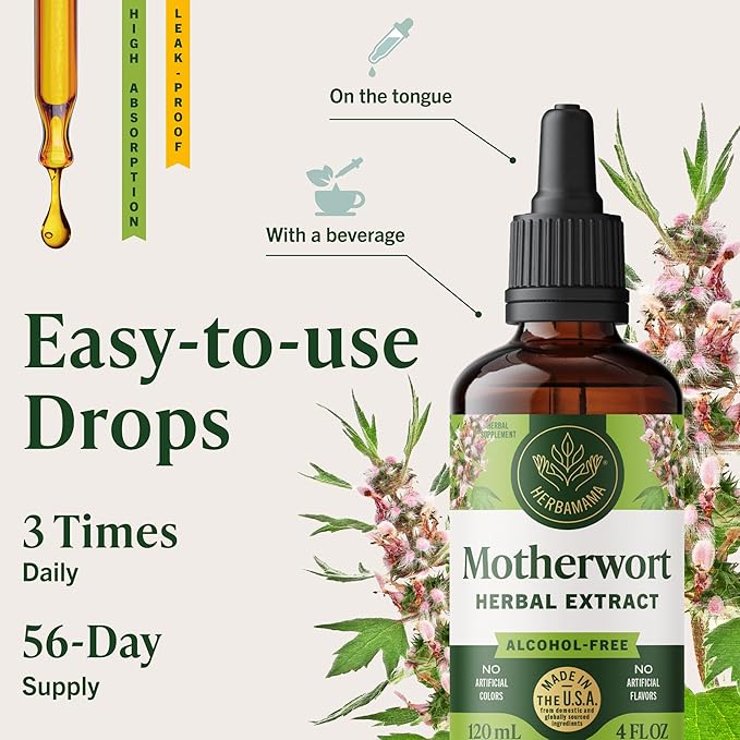 HERBAMAMA Motherwort Tincture - Vegan Motherwort Herb Extract Calming Drops for Women's Support - Non-GMO Alcohol &amp Sugar-Free Liquid Relaxation Supplement 56-Day Supply