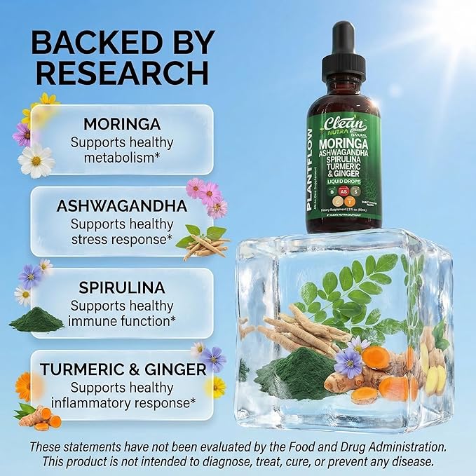 Clean Nutra Moringa Supplement Drops Ashwagandha Spirulina Chlorella Turmeric &amp Ginger Liquid Barley Grass with Chlorophyll Blue Green Algae Vitamin C Antioxidant Holy Basil Ceylon Cinnamon PlantF