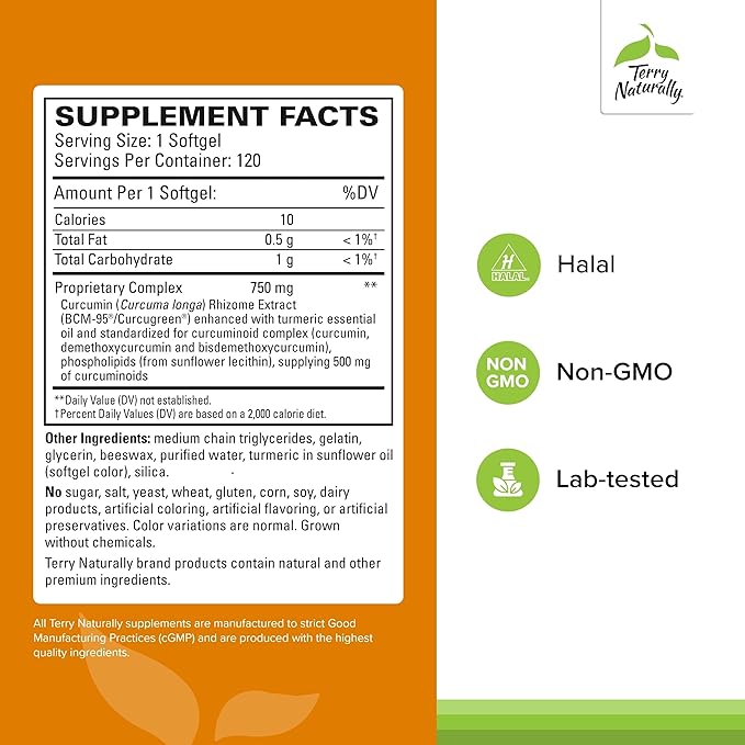 Terry Naturally CuraMed 750 mg - Antioxidant Supplement for Brain &amp Heart Health - Supplement with High-Potency Curcumin Complex - Kidney Liver &amp Immune Health Support - 120 Softgels (Pack of
